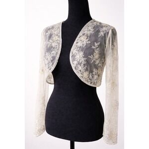 Vintage Womens One Size Sheer Beaded Lace Bolero Shrug Cropped Bridal Romantic